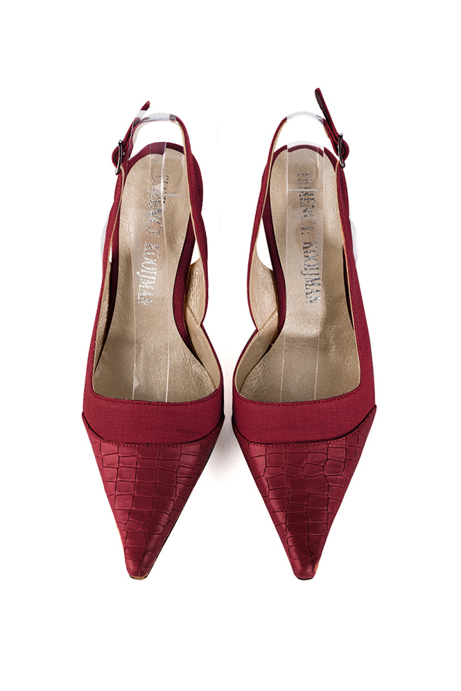 Burgundy red women's slingback shoes. Pointed toe. High spool heels. Top view - Florence KOOIJMAN